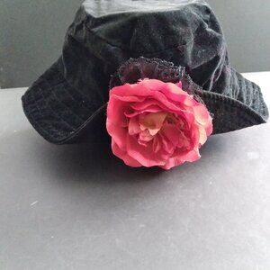 Black Velour Bucket Hat with Large Rose